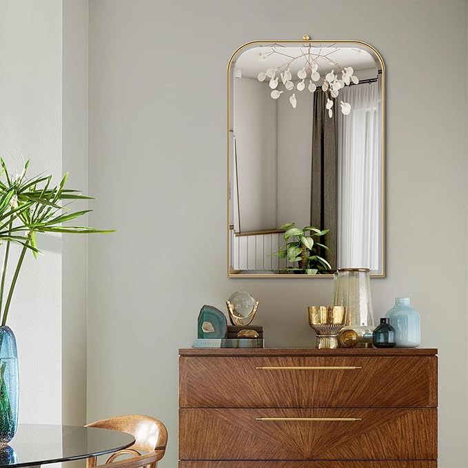 POZINO Brushed Gold Beveled Mirror, 20"x30" Bathroom Vanity Mirror with Stainless Steel Frame, Modern Rectangle Aesthetic Wall Mirrors for Entryway Hallway Bedroom Living Room Fireplace