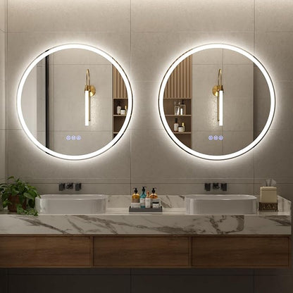 BEAUTYPEAK 28x28 LED Round Bathroom Mirror with Lights, Anti-Fog, Dimmable, Backlit + Front Lit, Lighted Bathroom Vanity Mirror for Wall, 3 Colors, Memory Function, Tempered Glass, Shatter-Proof