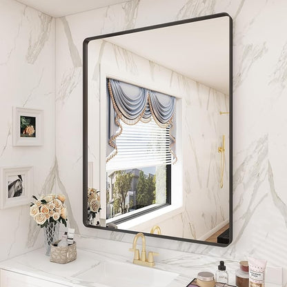 28x36 Black Matte Bathroom Mirror, Rectangle Framed Vanity Mirror for Wall, Rounded Corner, Anti-Rust, Shatterproof (Horizontally/Vertically)