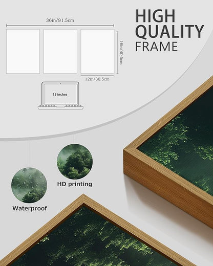 PHOPAGO Green Fog Pine Tree Framed Wall Art Nature Misty Nordic Forests Artwork Morden Paints Bedroom Living Room Home Decor - 12x16in Natural Framed