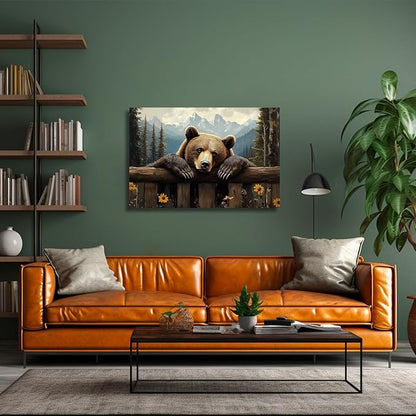 XLMDYYSW Bear Canvas Wall Art Brown Bear Pictures Wall decor Rustic Woodland Wildlife Print Forest Wild Animal Painting for Living Room Bedroom Cabin Framed (24L x 36W)