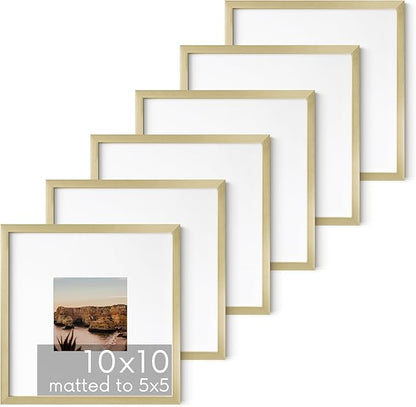 HAUS AND HUES 10x10 Gold Metal Picture Frames Matted to 5x5 - Premium Aluminum with Hanging Hardware, Shatterproof Plexiglass - Ideal for Home or Office (10x10 in, Gold, Set of 6)
