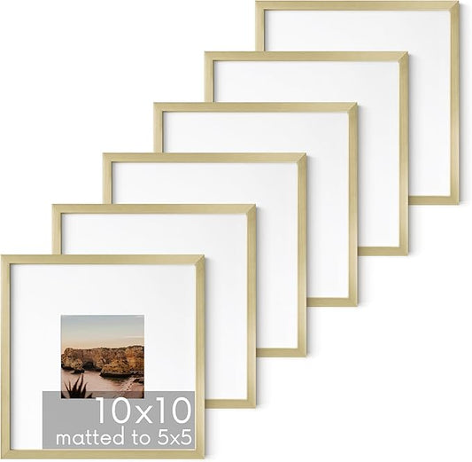 HAUS AND HUES 10x10 Gold Metal Picture Frames Matted to 5x5 - Premium Aluminum with Hanging Hardware, Shatterproof Plexiglass - Ideal for Home or Office (10x10 in, Gold, Set of 6)