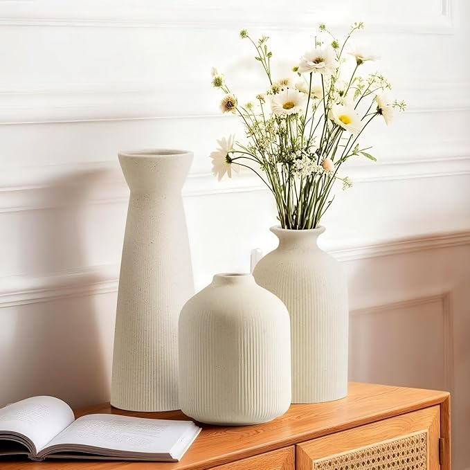 Ceramic Flower Vases Set of 3, Valentine's Day Gift Vases with Vertical Stripe Texture, Modern Decorative Vases for Dried Flowers, Home Decor Vases for Living Room Bedroom Kitchen Shelf(Beige)