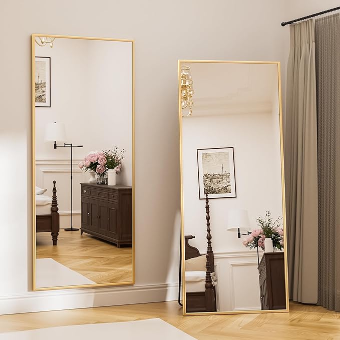 Antok 71''x28'' Full Length Mirror, Shatterproof HD Oversized Floor Mirror with Stand, Aluminum Alloy Frame Leaning Standing or Wall Mounted Mirror for Bedroom Living Room Entryway, Gold