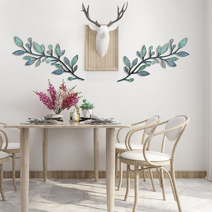 2 Pcs Colorful Tree Leaf Wall Art Decor Vine Home Wall Decoration Olive Branch Leaf Wall Decor Large Wall Decor for Bedroom, Living Room, Wall Sculptures Indoor Outdoor (Blue Green)