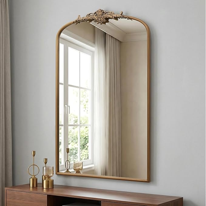 Besdomus Vintage Gold Arched Mirror: 24"x42" French Large Arch Gold Antique Wall Mounted Mirror - Traditional Ornate Home Decor for Entryway/Fireplace/Bathroom - Idea for High-Income Homemakers