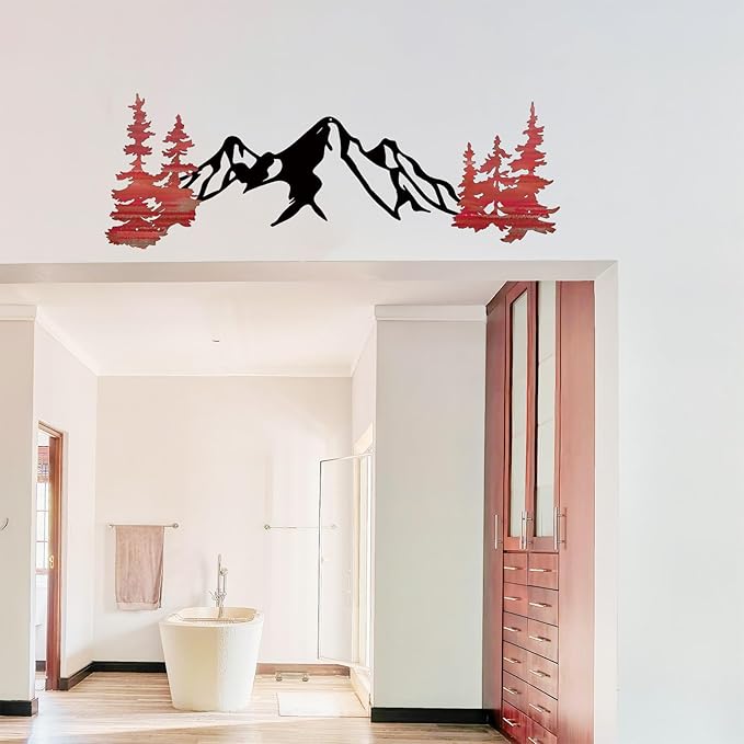 Yuzhuo Metal Mountain Wall Art Decor, Mountain Forest Silhouette Art Suitable for Living Room Bedroom Indoor Outdoor Garden Home Decoration (Red, 34.5L x 11W)