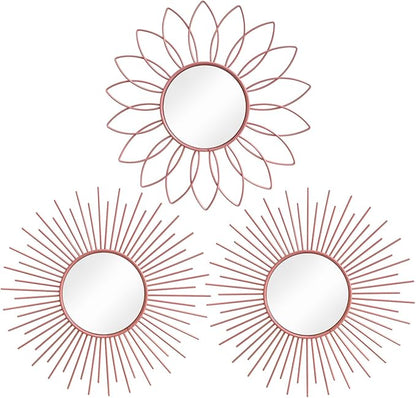 3 Pack Metal Mirrors for Wall Sunburst Wall Mirrors Home Décor Decorative Hanging Wall Art for Living Room Bedroom Entryway (Pink, Flower+Sunburst)
