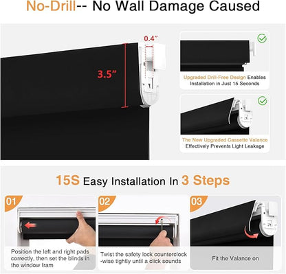 AOSKY No Drill Cordless Blackout Roller Shades with Valance,Customize Blinds for Indoor Windows,Room Darkening Window Shades Pull Down with Free-Stop Spring System, UV Protection for Home Black