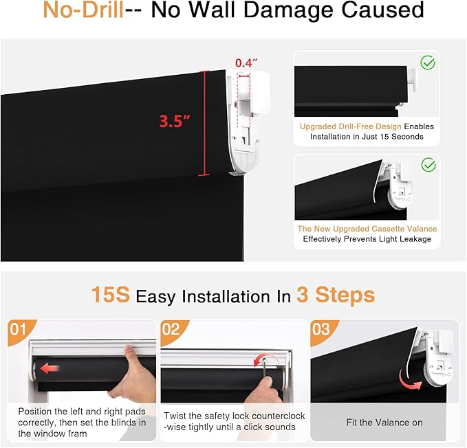 AOSKY No Drill Customize Blackout Roller Shades with Valance,Cordless Blinds for Indoor Windows,Room Darkening Window Shades Pull Down with Free-Stop Spring System,UV Protection for Home