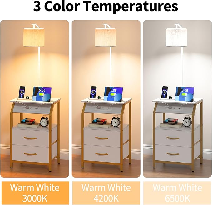 End Table with Floor Lamp, Nightstand with Charging Station, Floor Lamp Table with 3-Color Temperature Bulb, Bedside Table Night Stand with 2 Drawers for Bedroom, Living Room, Gold