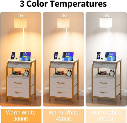 End Table with Floor Lamp, Nightstand with Charging Station, Floor Lamp Table with 3-Color Temperature Bulb, Bedside Table Night Stand with 2 Drawers for Bedroom, Living Room, Gold