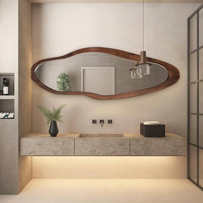 Irregular Full Length Mirror, 67"x24" Wooden Farmhouse Full Body Mirror, Large Asymmetrical Wall Mirrors for for Living Room Entryway Bedroom, Horizontal/Vertical, Woodgrain Brown