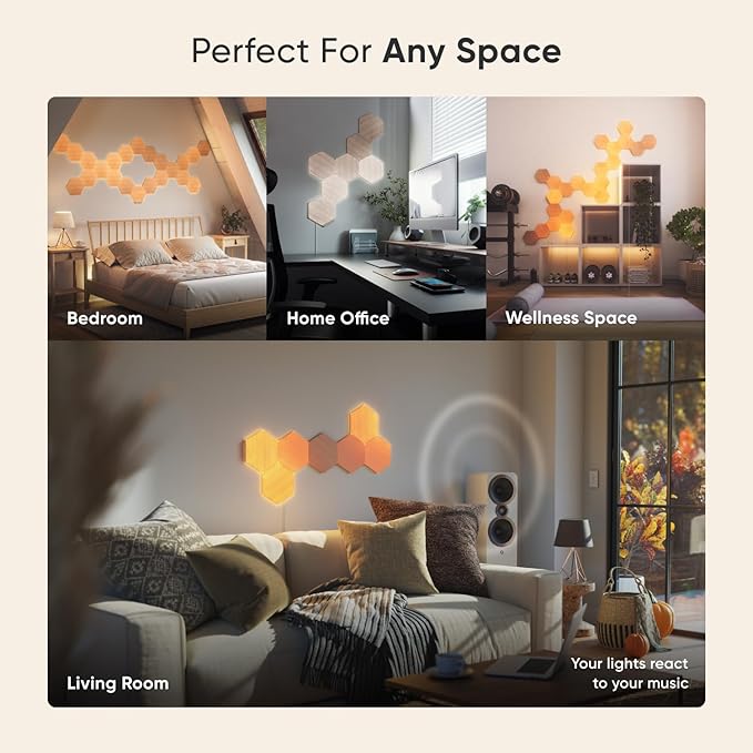 Nanoleaf Elements Wood Look Smart Wall Lights, Hexagon LED Wall Lights Compatible with Alexa Google Assistant, Home Wall Decor for Living Room with Music Sync, Touch Control, Ambient Lighting, 7 PK