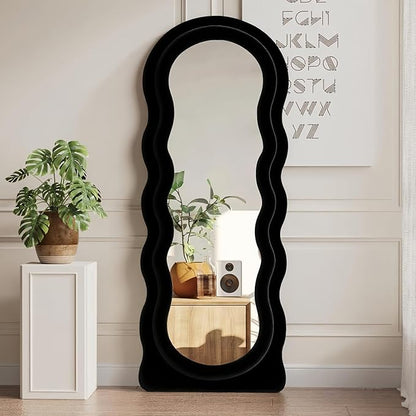 Dewfig Wavy Full Length Mirror with Stand, 63" x 24" Irregular Floor Mirror, Large Floor Length Mirror, Freestanding/Leaning/Wall Mounted, Flannel Wrapped Wooden Frame for Bedroom/Living Room, Black