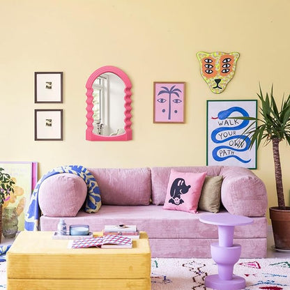 Wavy Wall Mirror for Living Room Decor, Velvet Finish Funky Wall Mounted Mirror for Girly Bedroom Decoration, Cute Hanging Sculpture Home Accent for Dining Room Kitchen (Pink)