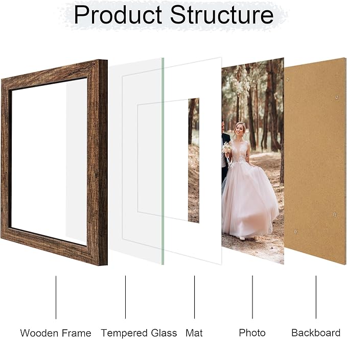 iRahmen 9x12 Picture Frame with Mat 6x8 - High Definition Tempered Glass Wooden Photo Frames for Tabletop Display and Wall Mounting (Brown, Set of 2)