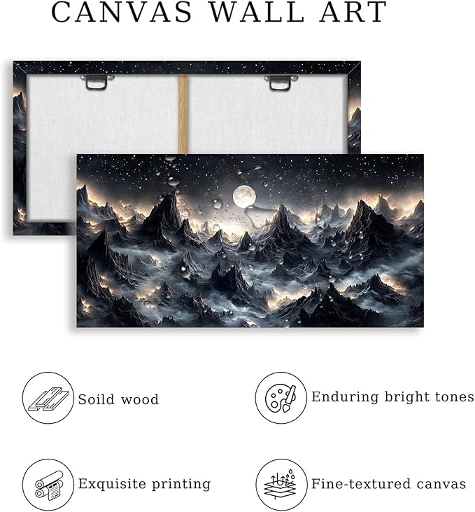 SERIMINO Large Wall Art for Living Room, Mountain Landscape Wall Decor, Fantasy Abstract Art Prints, Moonlit Night Black Canvas Painting, Cool Modern Pictures Home Decor for Bedroom 24"X48"