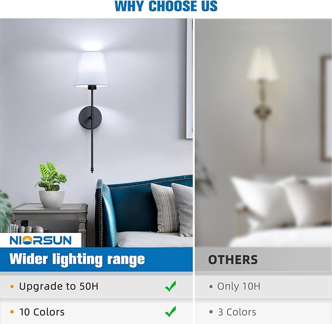 NIORSUN Battery Operated Wall Sconce Set of 2,Black Rechargeable Wall Lights with 5200mAh Dimmable Bulbs and Remote,10 Colors Wireless Wall Lamps for Bedroom Living Room Hallway Decor