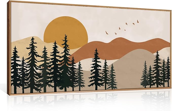 Large Boho Mountain Framed Canvas Wall Art Set,Nature Forest Pine Tree Wall Decor,Modern Mid Century Sunset Landscape Artwork for Living Room,Bedroom-20 x40