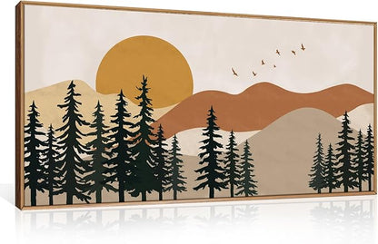 Large Boho Mountain Framed Canvas Wall Art Set,Nature Forest Pine Tree Wall Decor,Modern Mid Century Sunset Landscape Artwork for Living Room,Bedroom-20 x40