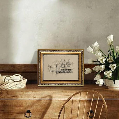 WZGZXU Vintage Gold Framed Wall Art Autumn Paris Cafe Wall Decor French Bistro Canvas Art Paintings Street Sketch Picture Antique Drawing Artwork For Dining Room Kitchen 8x10in