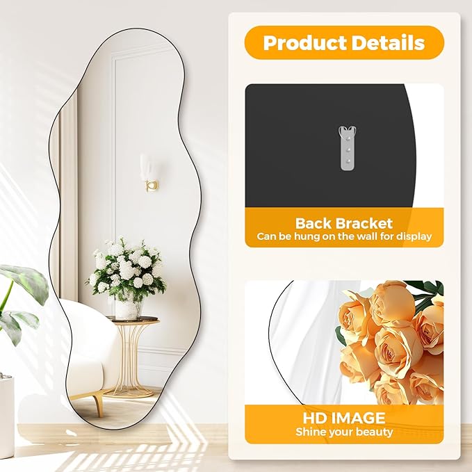 QDSSDECO Full Length Mirror 63"x24" Irregular Wall Mirror Cloud Frameless for Living Room Bathroom Bedroom Entryway Decor