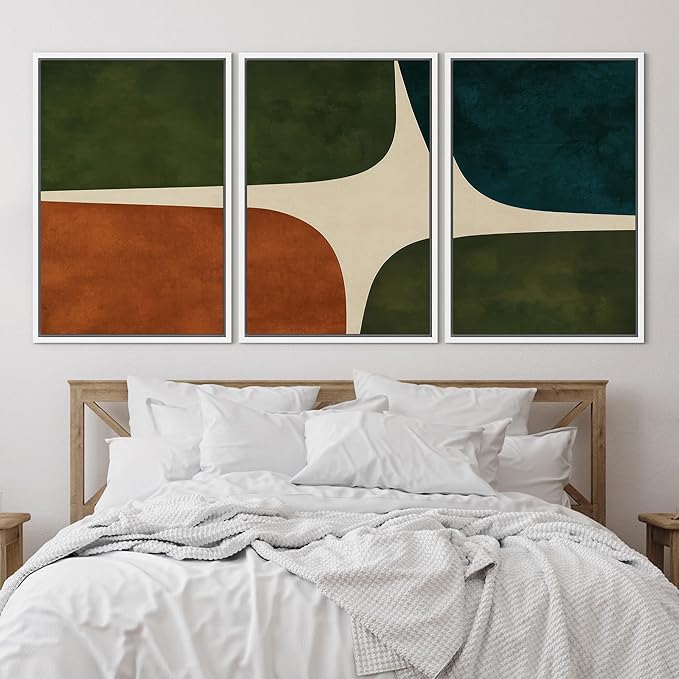 SIGNLEADER Framed Canvas Print Wall Art Set Dark Green Rust Blue Mid Century Abstract Color Block Illustrations Modern Art Boho Decorative for Living Room, Bedroom, Office - 24"x36"x3 WHITE