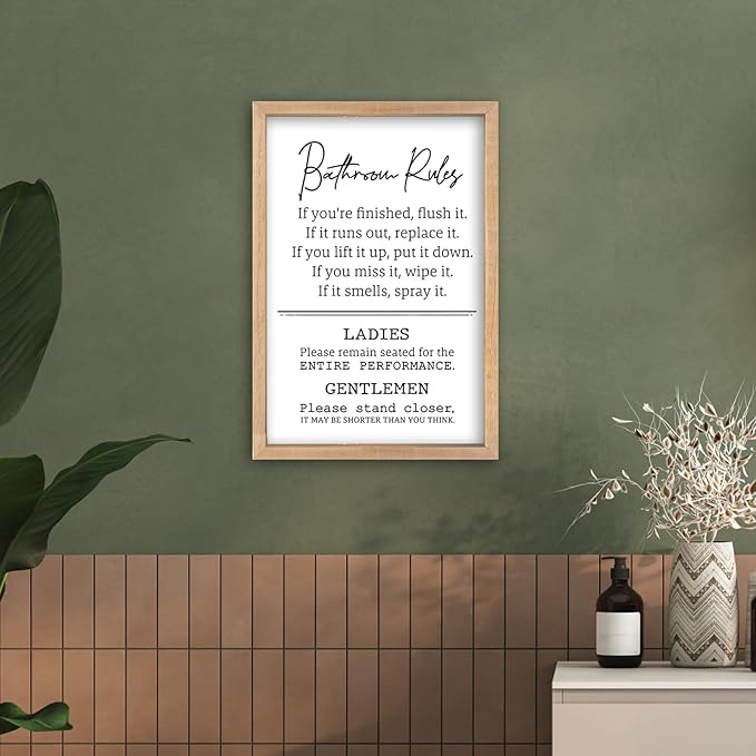 Bathroom Rules Wall Decor 16"×11" Restroom Toile Sign Humor Quotes for Bathroom Humorous Modren Restroom Wood Framed Wall Hanging Art (Wood）