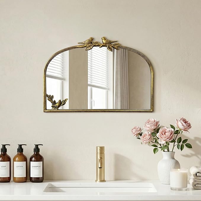 Antique Baroque Vintage Vanity Mirror 15x22Inch, Gold with Ornate Antique Frame, Arched Vintage Wall Mirror for Living Room, Fireplace, Entryway (Golden (Arched 3), 15" L x 22" W)
