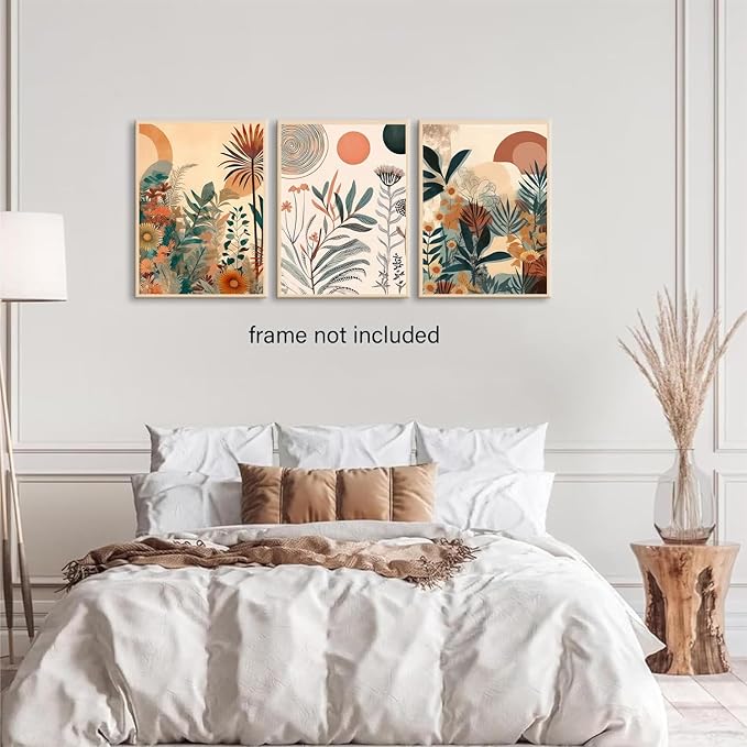 LYPHNX Boho Burnt Orange Botanical Floral Canvas Wall Art Abstract Terracotta Jungle Poster Pictures Set of 3 Flower Prints Painting Home Decor for Bathroom Bedroom Living Room 16"x24" Unframed