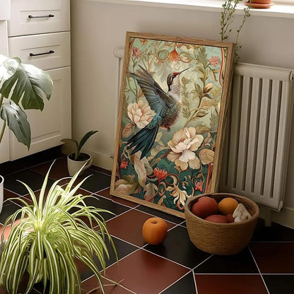 Framed Vintage Hummingbird Wall Art, Floral Bird Wall Decor Paintings, 3D Sandstone Textured Nature Botanical Pictures Prints Aesthetic Home Decor for Living Room Bedroom Bathroom Office 16x24 inch