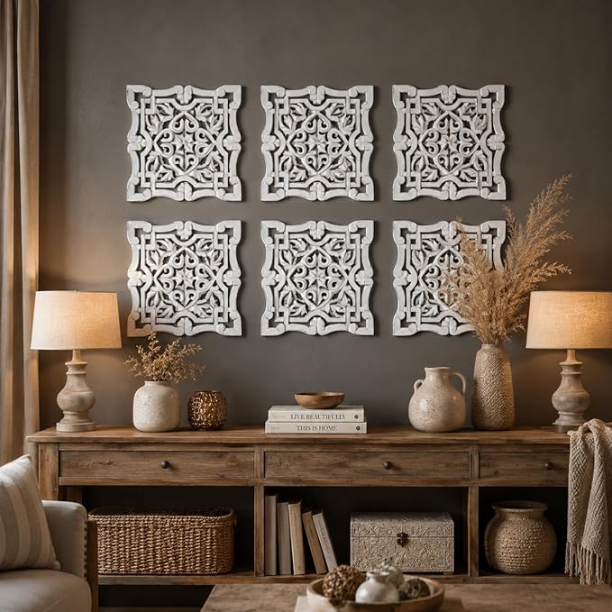 Wall Panels for Living Room & Bedroom – Hand-Carved Decorative Wood Wall Art Set of 6, 12x12" White Antique, Rustic Home Décor,Elegant Decorative Wall Art for Home & Office