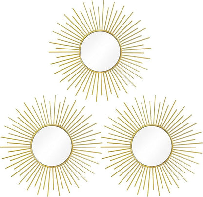 3 Pack Metal Mirrors for Wall Sunburst Wall Mirrors Home Décor Decorative Hanging Wall Art for Living Room Bedroom Entryway (Gold2, Sunburst)
