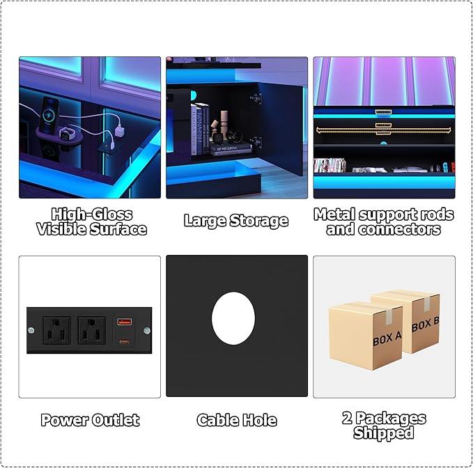 chartustriable 81IN LED TV Stands w/50 inch Fireplace Power Outlet for 90/85/80/75 Inch TVs,High Glossy Modern TV Media Console Gaming with 2 Storage Cabinets,Dual LED Lights,Black
