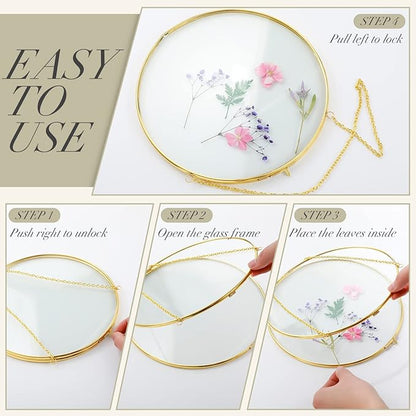 Qunclay 4 Pcs Double Glass Frame for Pressed Flowers Round Hanging Herbarium Floating Flower Press Frame Clear DIY Vintage Artwork Display holder