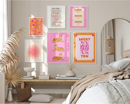 Preppy Wall Art Pink Orange Wall Decor Trendy Canvas Wall Art Aesthetic Pictures Girl Posters Inspirational Daily Affirmation Prints Lucky You Artwork Set of 6 for Dorm Room 12x16 Inch Unframed