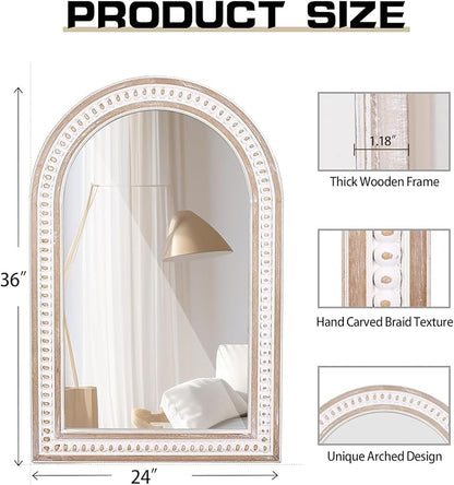 36x24 Inch Boho Beaded Arched Wall Mirror for Bathroom Over Sink, Rustic Farmhouse Decorative Arch Mirrors for Living Room, Entryway, Hallway