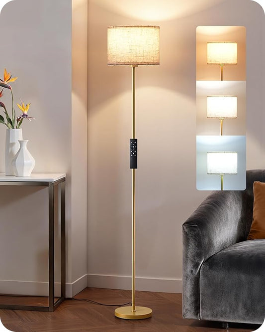 EDISHINE Modern Floor Lamp with 2 Shades, Adjustable Brightness & Color Temperature, Remote Control, Minimalist Standing Lamp, E26, A19 Bulb Included, Dimmable for Living Room, Bedroom, Gold