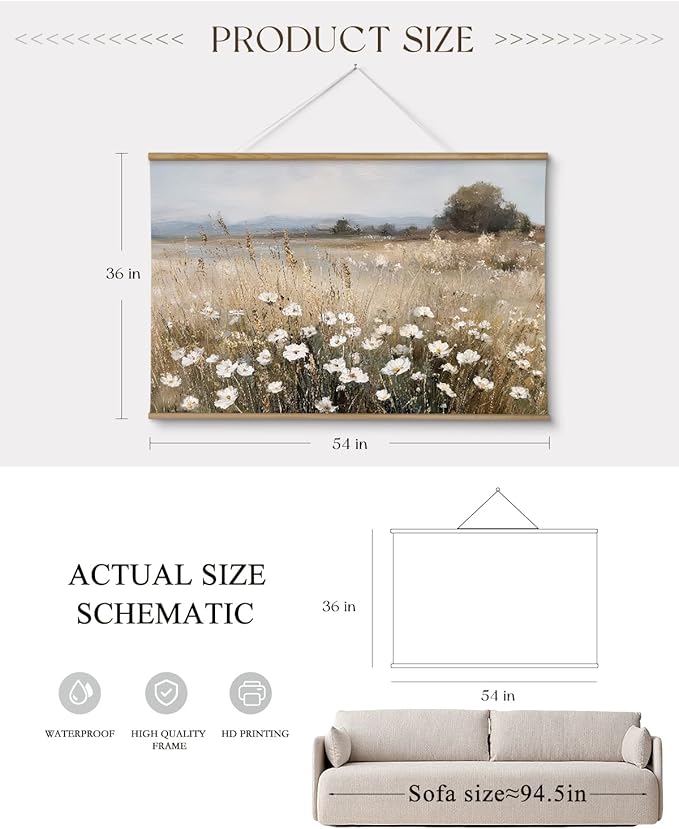 ARPEOTCY Extra Large Vintage Framed Wall Art, 36x54 Inch Wildflower Field Floral Landscape Hanging Canvas Prints Scroll Wall Art Decor for Living Room Bedroom, Retro Scenery Pictures Above of Bed
