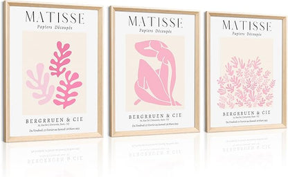 Framed Matisse Pink Canvas Wall Art,Abstract Matisse Canvas Wall Decor,16x12IN High Framed Wood Design Prints,Minimalist Wood Frame Posters for Living Room,Bedroom,Bathroom Set of 3
