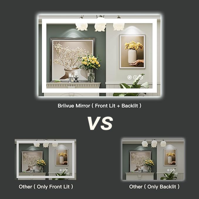 Briivue 48x40 Inch LED Bathroom Mirror with Lights, Backlit & Front Lit, Anti-Fog Lighted Bathroom Vanity Mirror for Wall, Memory Function, Dimmable, HD Tempered Glass, Shatter-Proof