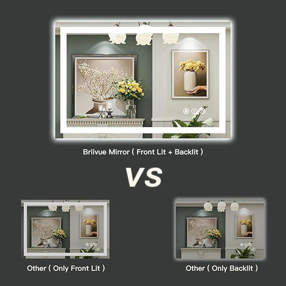 Briivue 48x40 Inch LED Bathroom Mirror with Lights, Backlit & Front Lit, Anti-Fog Lighted Bathroom Vanity Mirror for Wall, Memory Function, Dimmable, HD Tempered Glass, Shatter-Proof