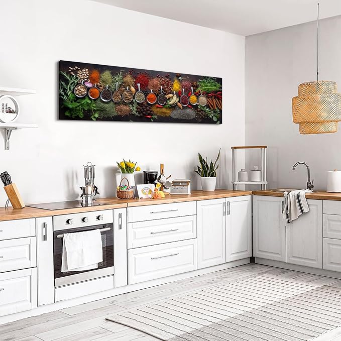Large Colorful Kitchen Wall Art Spices Herb Food Picture for Dining Room Wall Decor Seasoning Herb Spoon Canvas Prints Poster Vintage Modern Family Bar Painting Artwork Home Decorations 14x48”