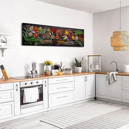 Large Colorful Kitchen Wall Art Spices Herb Food Picture for Dining Room Wall Decor Seasoning Herb Spoon Canvas Prints Poster Vintage Modern Family Bar Painting Artwork Home Decorations 14x48”