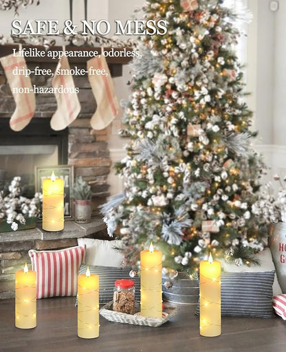 Upinmz Flickering Flameless Candles with Embedded String Lights, Battery Operated Candles with Remote Control and Timer,LED Candles for Home Decoration,Real Wax, 5 Pack Ivory