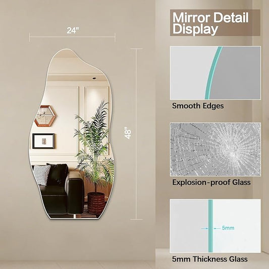 Niccy 48"×24" Frameless Wavy Full Length Mirrors, Long Wall-Mounted Mirror for Living Room, Large Full Body Floor Mirror, Explosion-Proof Tall Hanging-Mirror for Bathroom Bedroom Entryway Decor