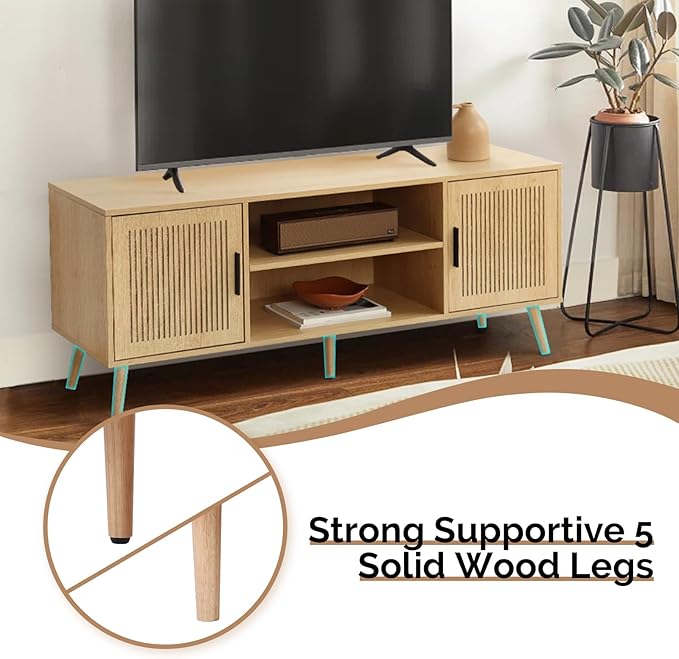 Modern TV Stand for 65 Inch TV, Entertainment Center with 2 Storage Cabinets and Adjustable Shelf, Solid Wood Feet, 4 Cord Holes, Groove Stripe Media TV Console Table for Living Room Bedroom (Natural)