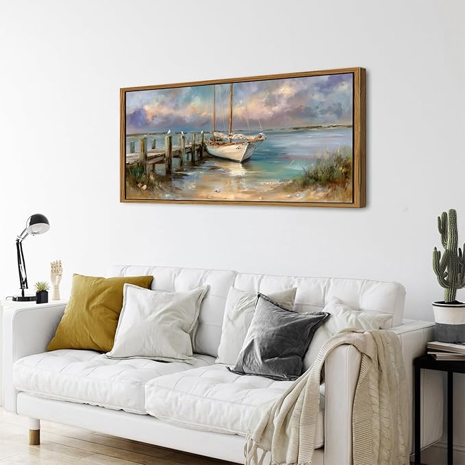 Vintage White Boat Wall Art Framed Coastal Wall Decor Bathroom Bridge Dock Decorations Vintage Ocean Beach Landscape Picture Canvas Prints Seascape Seagull Poster Artwork Living Room Decoration 24x48